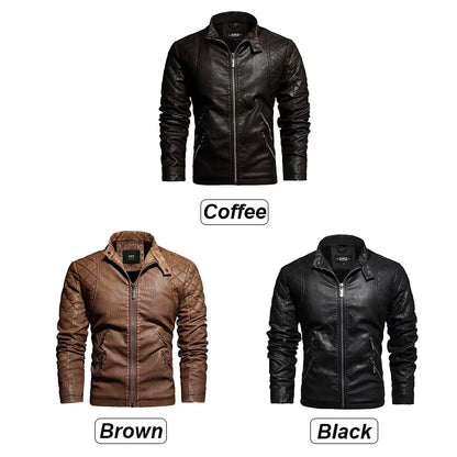 Men Fashion Leather Jacket Men Autumn Motorcycle Slim Fleece Jacket Coat Men Spring Outdoor Casual Motor Biker PU Leather Jacket